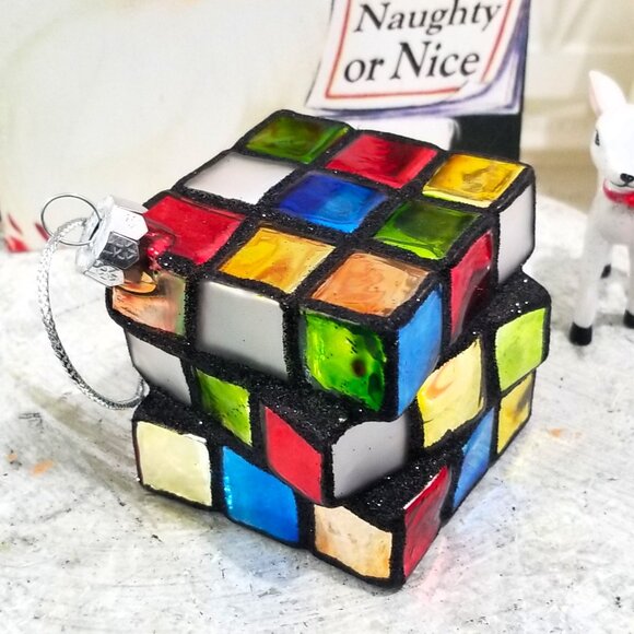 Blown Glass Rubik's Cube Christmas Ornament Puzzle Game - Picture 5 of 5
